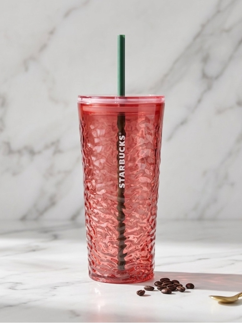 NWT Starbucks Fall 2022 Hammered Begonia Pink Glass Cold Cup Tumbler 18oz